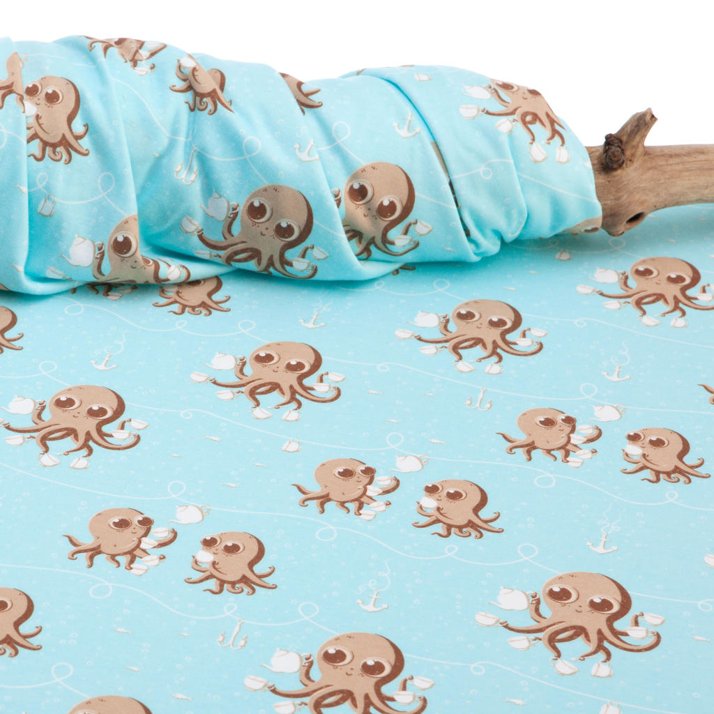 Kinderstoff: Hochwertiger, weicher Interlock Jersey Stoff mit niedlichem Kraken-Motiv, Ankern und Fischen