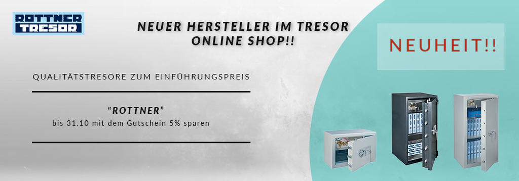 Profitieren Sie für kurze Zeit beim Kauf jedes Rottner Tresors von zusätzlich -5% Rabatt. Geben Sie dazu einfach im Bestellvorgang den Kupon-Code „ROTTNER“ ein. Das Angebot ist gültig bis 31.10.2018.